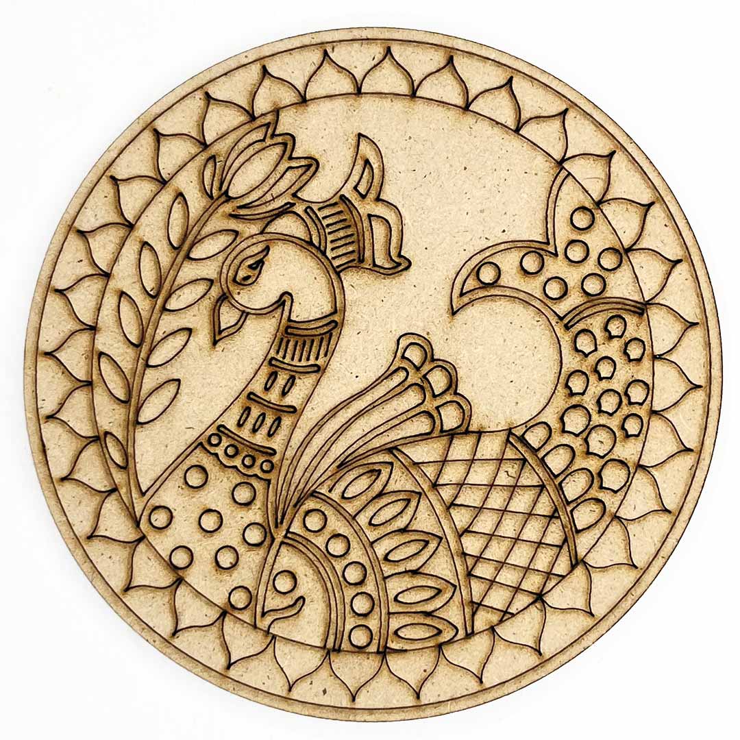 Round Shaped Madhubani Peacock Engraved Design Coaster Set of 6 | Round Shape | Madhubani Peacock | Engraved | design | Coaster Set of 6 | Art Craft | Indian Art | Decoration | MDF | MDF Cutouts