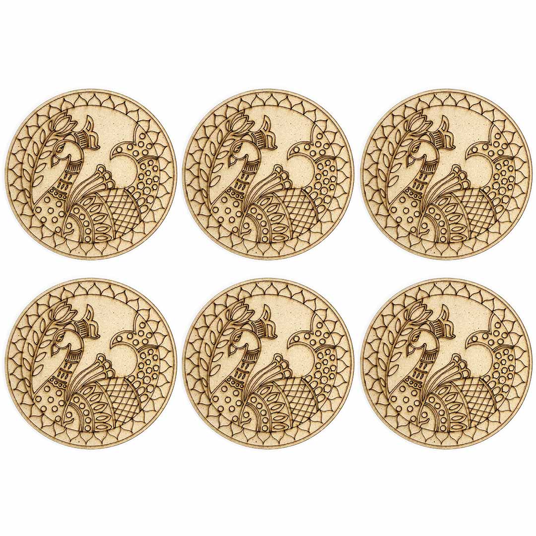 Round Shaped Madhubani Peacock Engraved Design Coaster Set of 6 | Round Shape  |  Madhubani Peacock | Engraved | design | Coaster Set of 6 | Art Craft | Indian Art | Decoration | MDF | MDF Cutouts