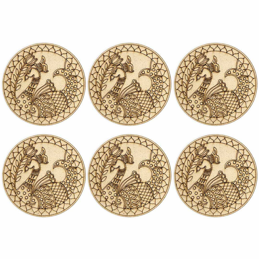 Round Shaped Madhubani Peacock Engraved Design Coaster Set of 6 | Round Shape  |  Madhubani Peacock | Engraved | design | Coaster Set of 6 | Art Craft | Indian Art | Decoration | MDF | MDF Cutouts