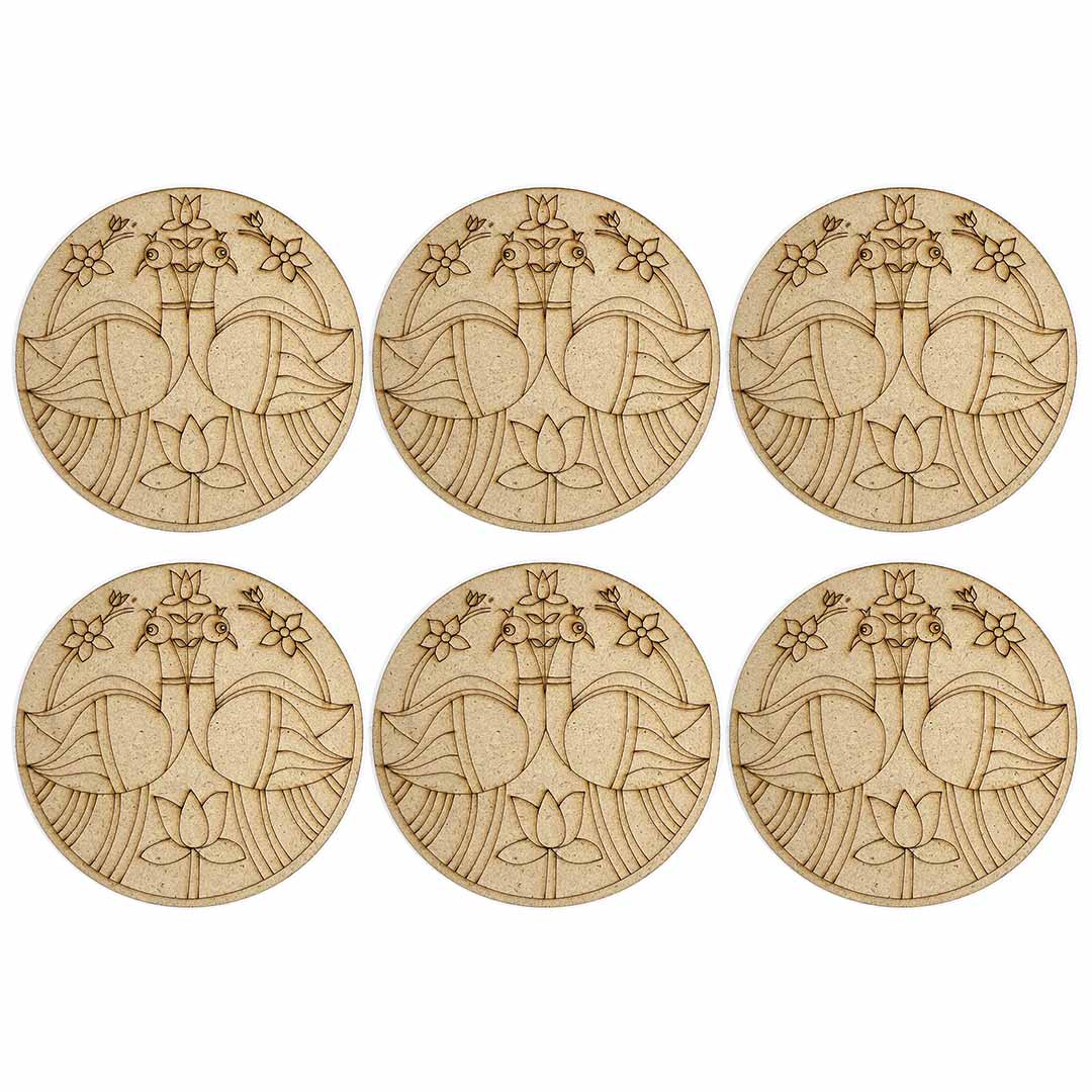 Round Shaped Pair of Peacock With Pichwai Lotus Design Coaster Set of 6 | Round Shaped Pair | Peacock | Pichwai Lotus | Lotus design | Pichwai Coaster set of 6 | Coasters  | Pichwai Art | MDF | Round Shape MDF | Adikala