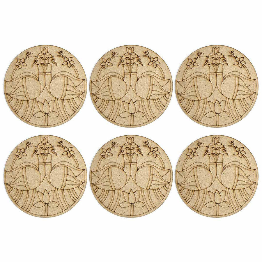 Round Shaped Pair of Peacock With Pichwai Lotus Design Coaster Set of 6 | Round Shaped Pair | Peacock | Pichwai Lotus | Lotus design | Pichwai Coaster set of 6 | Coasters  | Pichwai Art | MDF | Round Shape MDF | Adikala