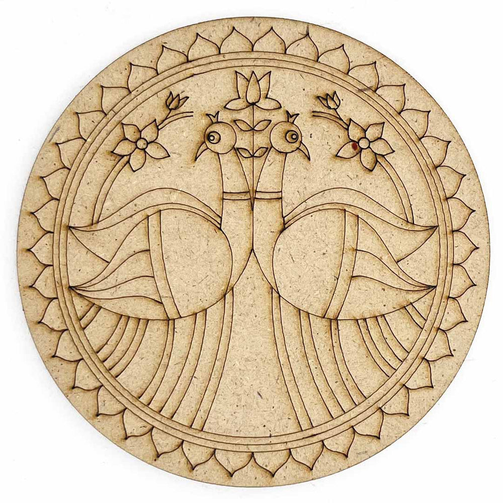 Round Shaped Pair of Peacock Engraved Design Coaster Set of 6 | MDF | MDF Cutouts | Engraved Design | Coasters set of 6 | Pair of Peacock | Round Shape MDf Design | Art Craft | Craft Online | Adikala