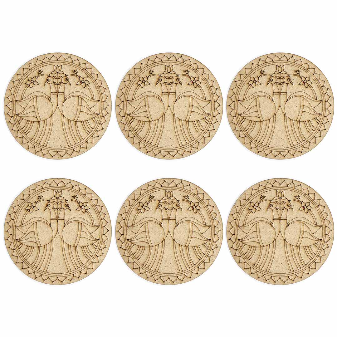 Round Shaped Pair of Peacock Engraved Design Coaster Set of 6 | MDF | MDF Cutouts | Engraved Design | Coasters set of 6 | Pair of Peacock  |  Round Shape MDf Design | Art Craft | Craft Online | Adikala 