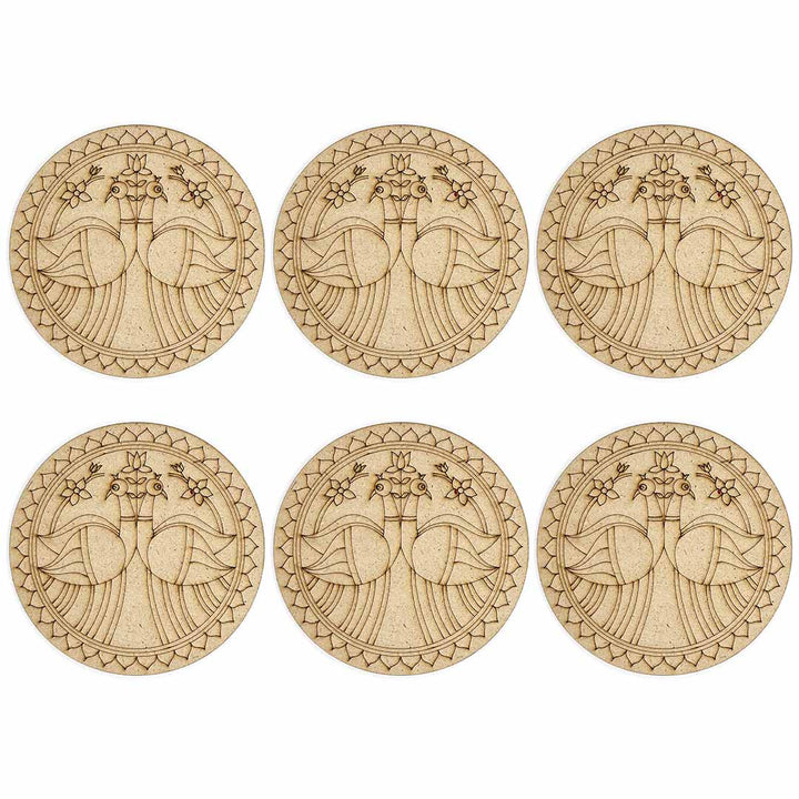 Round Shaped Pair of Peacock Engraved Design Coaster Set of 6 | MDF | MDF Cutouts | Engraved Design | Coasters set of 6 | Pair of Peacock  |  Round Shape MDf Design | Art Craft | Craft Online | Adikala 