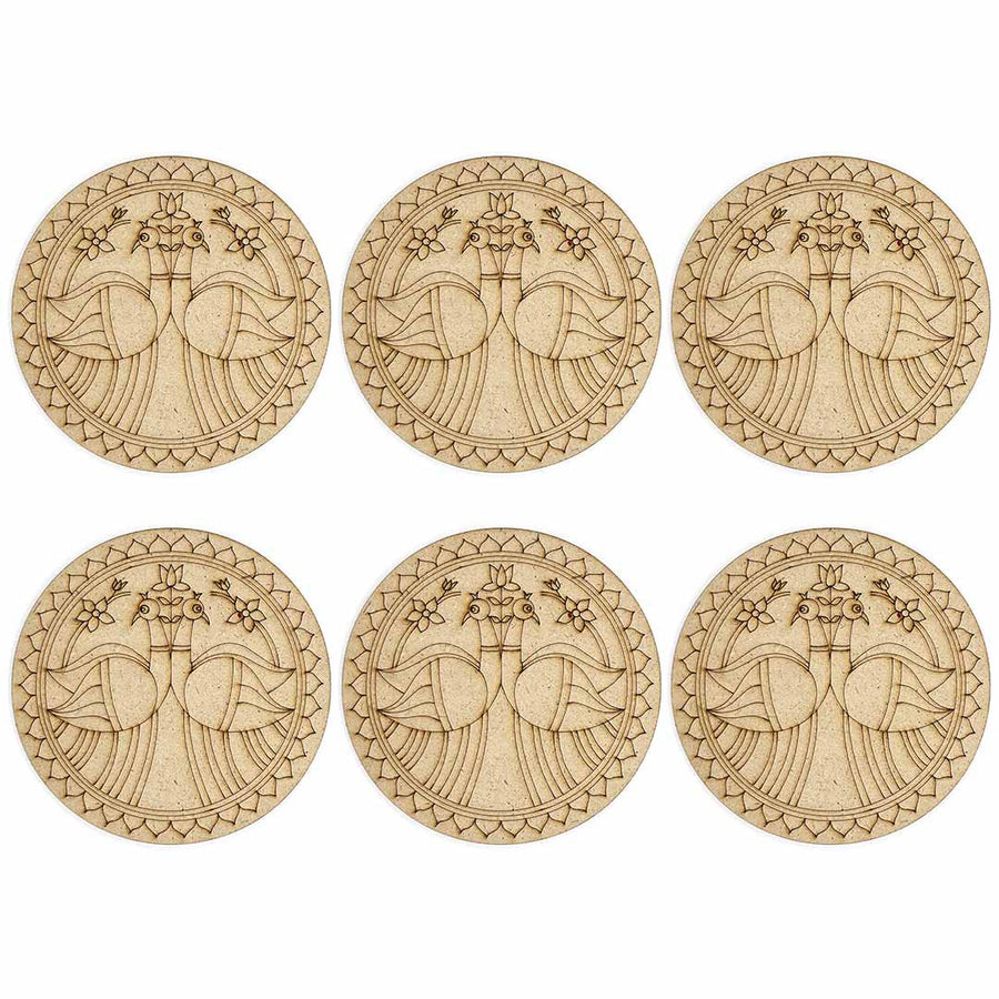 Round Shaped Pair of Peacock Engraved Design Coaster Set of 6 | MDF | MDF Cutouts | Engraved Design | Coasters set of 6 | Pair of Peacock  |  Round Shape MDf Design | Art Craft | Craft Online | Adikala 