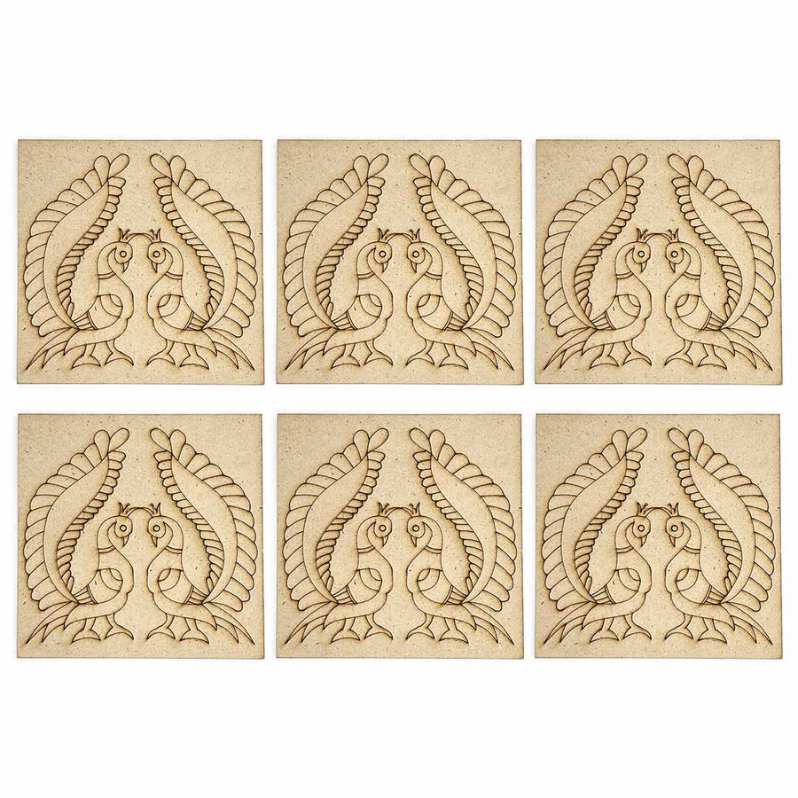 Square Shaped Pair of Peacock Design Engraved Coaster Set of 6 | Adikala | Craft Online | Art Craft | Adikala  