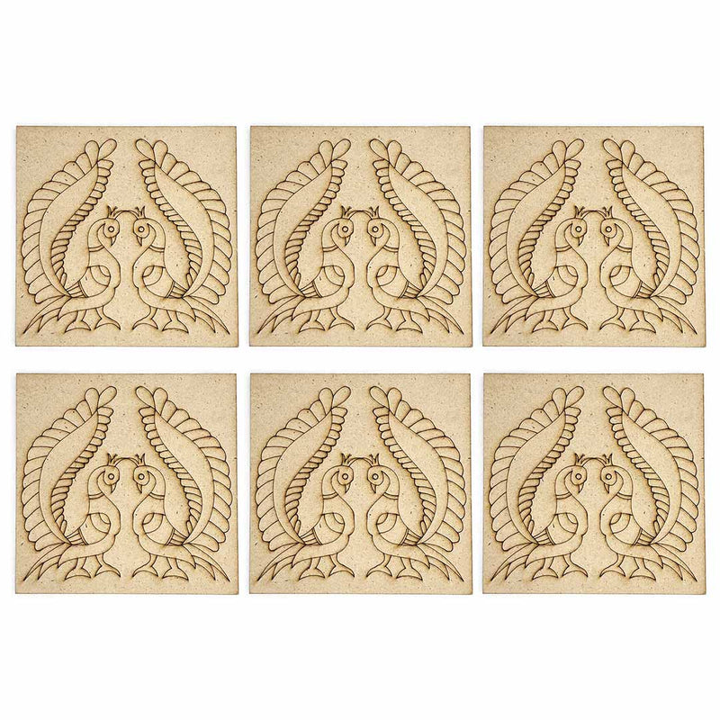Square Shaped Pair of Peacock Design Engraved Coaster Set of 6 | Adikala | Craft Online | Art Craft | Adikala