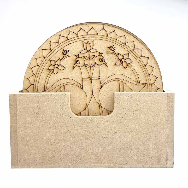 Round Shaped Pair of Peacock With Pichwai Lotus Design Coaster Set of 6 | Round Shaped Pair | Peacock | Pichwai Lotus | Lotus design | Pichwai Coaster set of 6 | Coasters | Pichwai Art | MDF | Round Shape MDF | Adikala