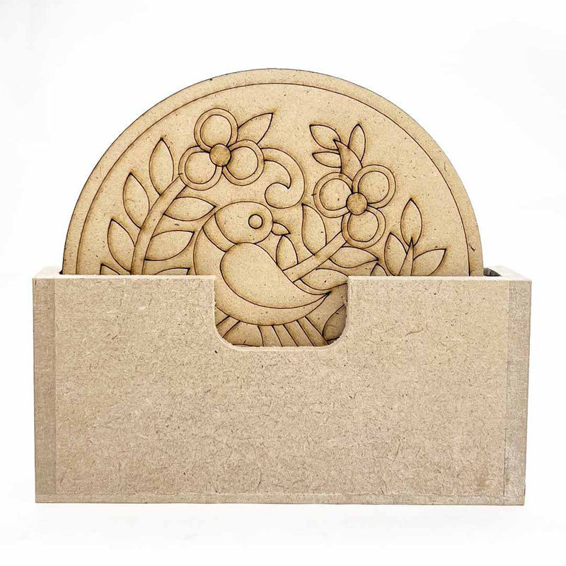 Round Shaped MDF Engraved Madhubani & Bird Motifs Design Coaster Set of 6 | Round Shape Mandala | Engraved madhubani | Motifs Design Coaster | Set of 6 | Adikala | Craft Store Online | Adikala