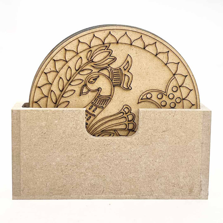 Round Shaped Madhubani Peacock Engraved Design Coaster Set of 6 | Round Shape | Madhubani Peacock | Engraved | design | Coaster Set of 6 | Art Craft | Indian Art | Decoration | MDF | MDF Cutouts