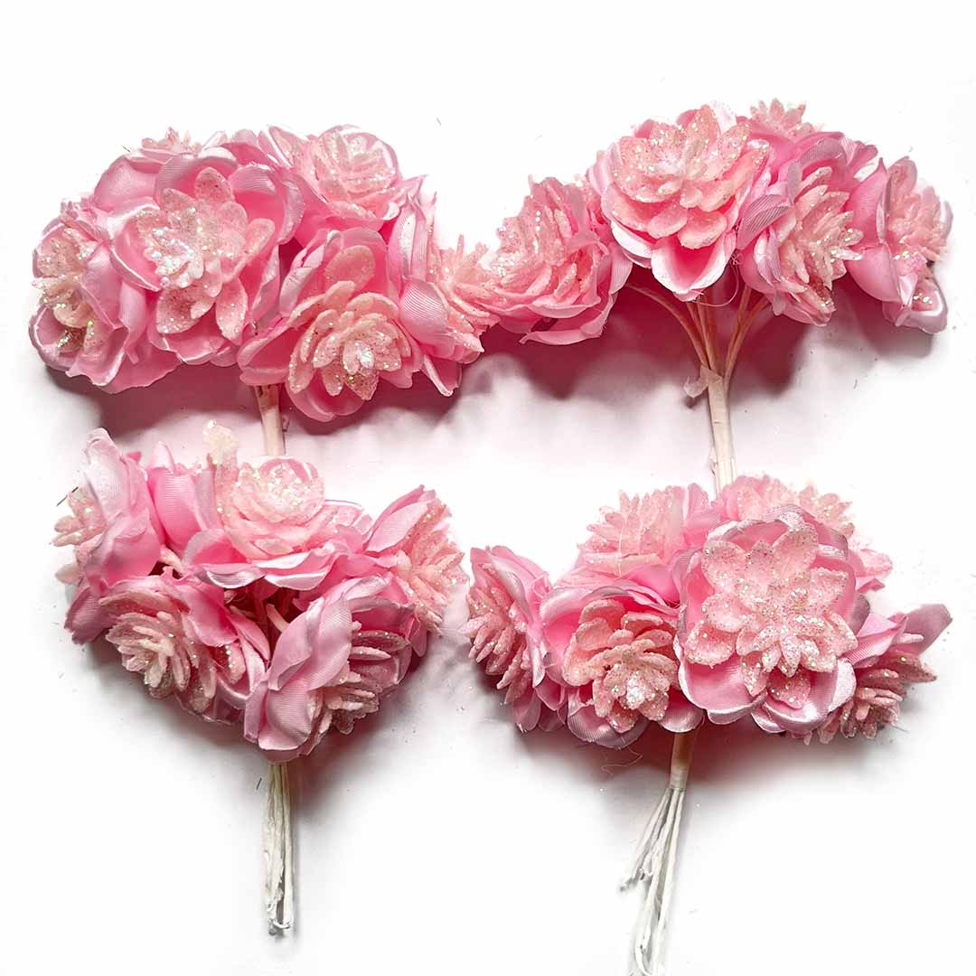 Pink Color Satin | Satin With Glitter Flower | Glitter Flower Bunch | Flower Bunch 2 Of 12 PCS | Art Craft | Craft Store | Craft | Art Making | Project Making | Online Art Craft | Indian Art Craft | Indian Craft | Handmade | decoration Essentials | Adikala Craft Store