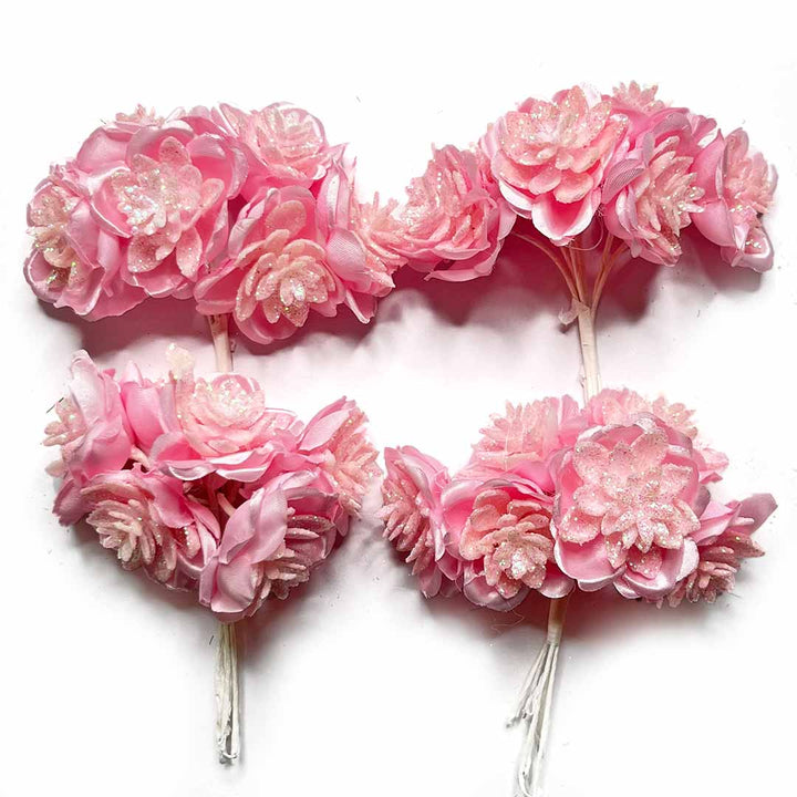 Pink Color Satin | Satin With Glitter Flower | Glitter Flower Bunch | Flower Bunch 2 Of 12 PCS | Art Craft | Craft Store | Craft | Art Making | Project Making | Online Art Craft | Indian Art Craft | Indian Craft | Handmade | decoration Essentials | Adikala Craft Store
