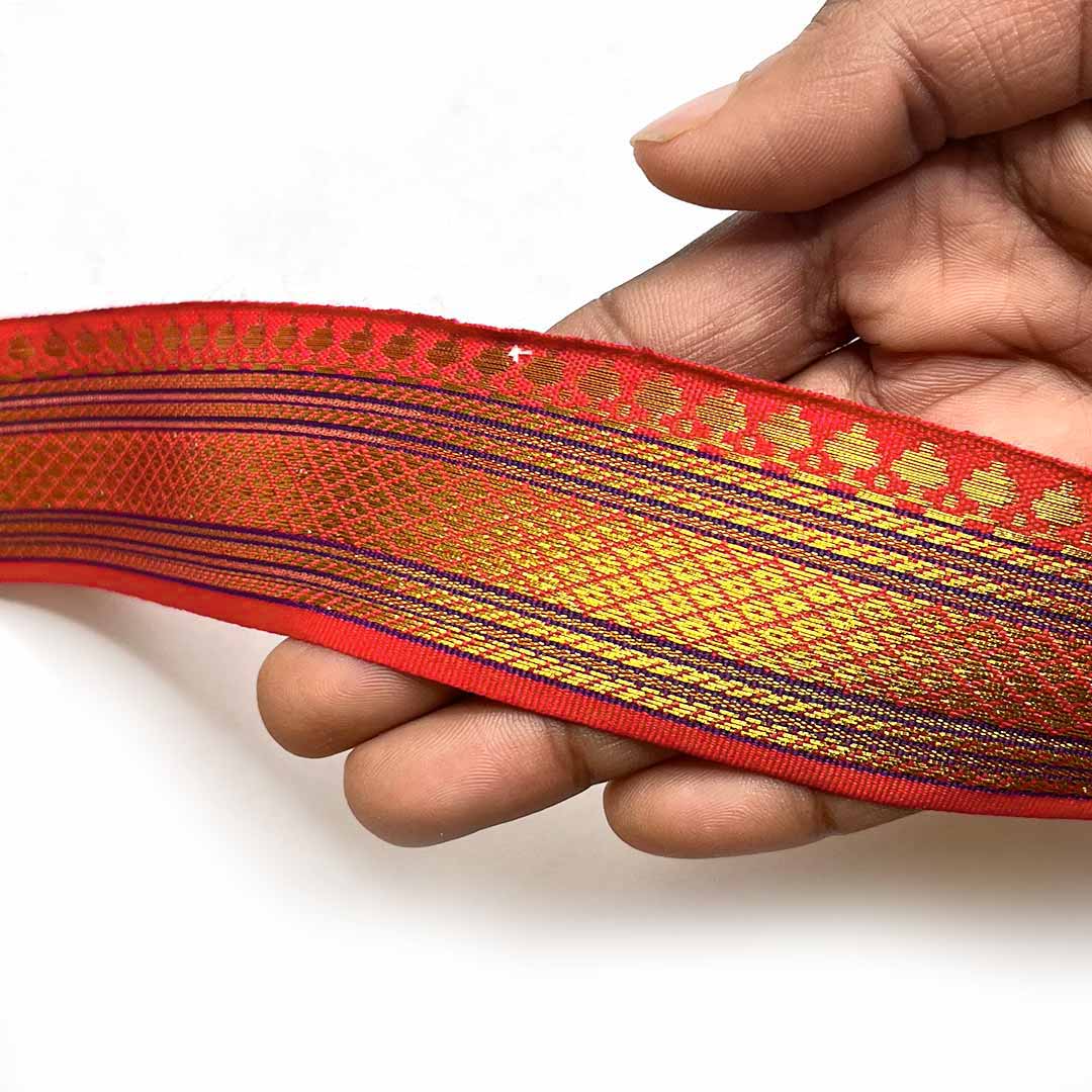 Blue & Golden Zari Color Weaving Border | Red | Golden Za ri Color Weaving Border | Art Craft | Craft Store | Craft | Art Making | Project Making | Online Art Craft | Indian Art Craft | Indian Craft | Handmade | decoration Essentials | Adikala Craft Store