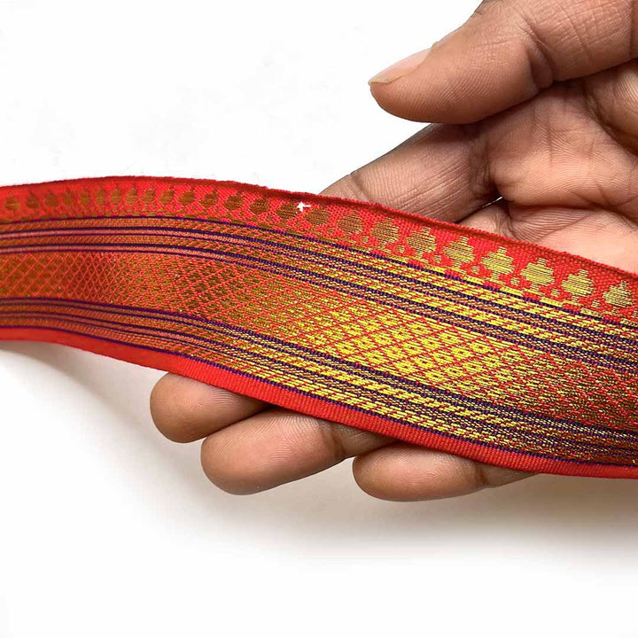 Blue & Golden Zari Color Weaving Border | Red | Golden Za ri Color Weaving Border | Art Craft | Craft Store | Craft | Art Making | Project Making | Online Art Craft | Indian Art Craft | Indian Craft | Handmade | decoration Essentials | Adikala Craft Store