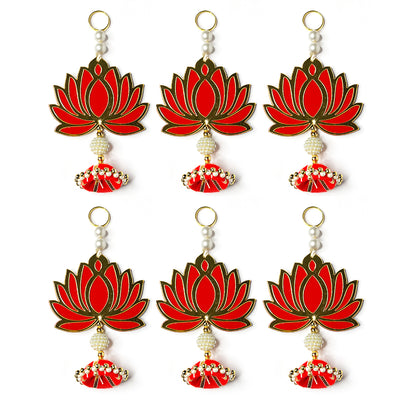 Red Color Velvet & Acrylic Lotus Flower Hanging For Decoration Set Of 6