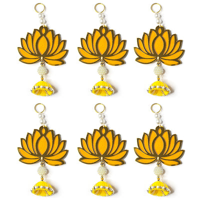 Yellow Color Velvet & Acrylic Lotus Flower Hanging For Decoration Set Of 6