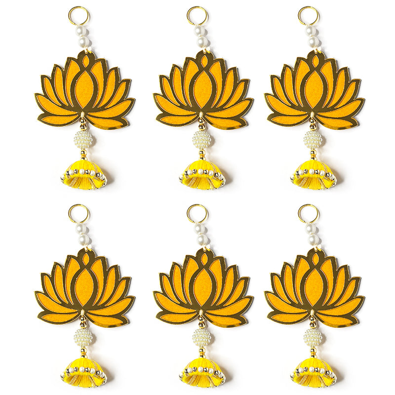 Yellow Color Velvet & Acrylic Lotus Flower Hanging For Decoration Set Of 6