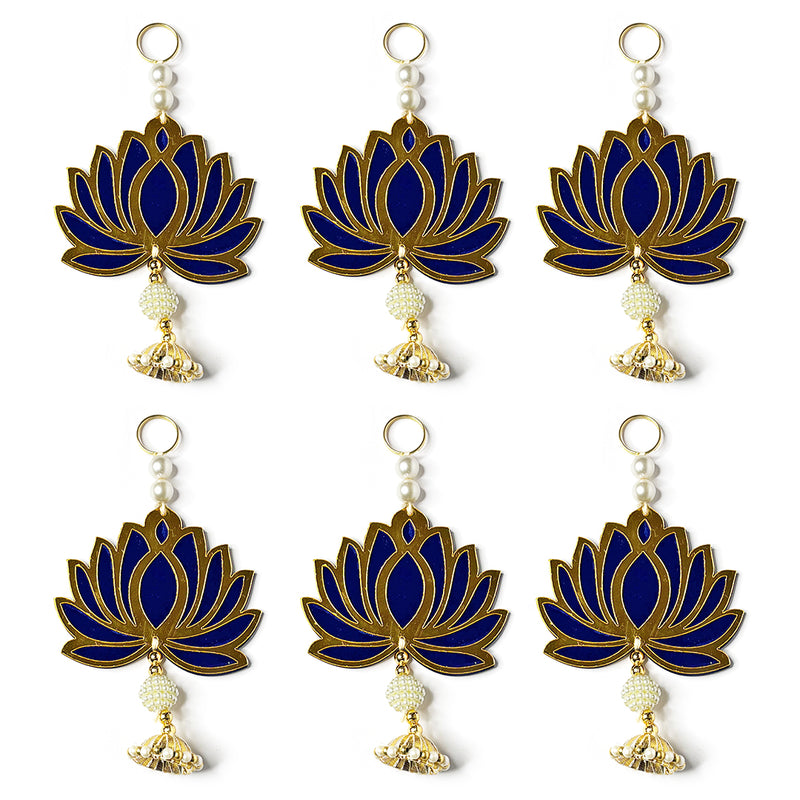 Blue Color Velvet & Acrylic Lotus Flower Hanging For Decoration Set Of 6