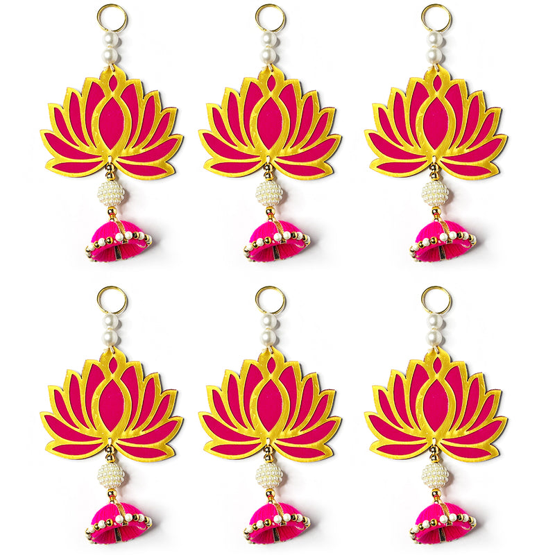 Rani Pink Color Velvet & Acrylic Lotus Flower Hanging For Decoration Set Of 6