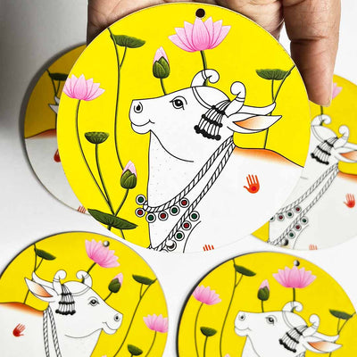Yellow Pichwai Cow With Lotus Mdf | Pichwai Cow | MDf Cutouts | Pichwai Art | Mdf Cutouts | Yellow pichwai | Lotus MDf | Pichwai Art | Pichwai Cow