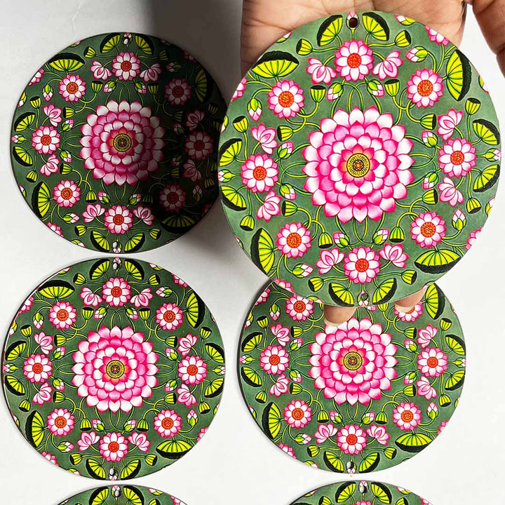 Green & Pink Color Pichwai Lotus Mdf | Green Pichwai Lotus | Pink Color Pichwai Lotus | Pichwai Lotus MDF | Pichwai Art | Online Craft | Art Craft | MDF