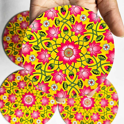 Yellow & Pink Color Pichwai Lotus Mdf | Yellow Lotus MDF | Pichwai Lotus | Lotus MDf | Yellow | Pink Color | Pichwai Lotus Design