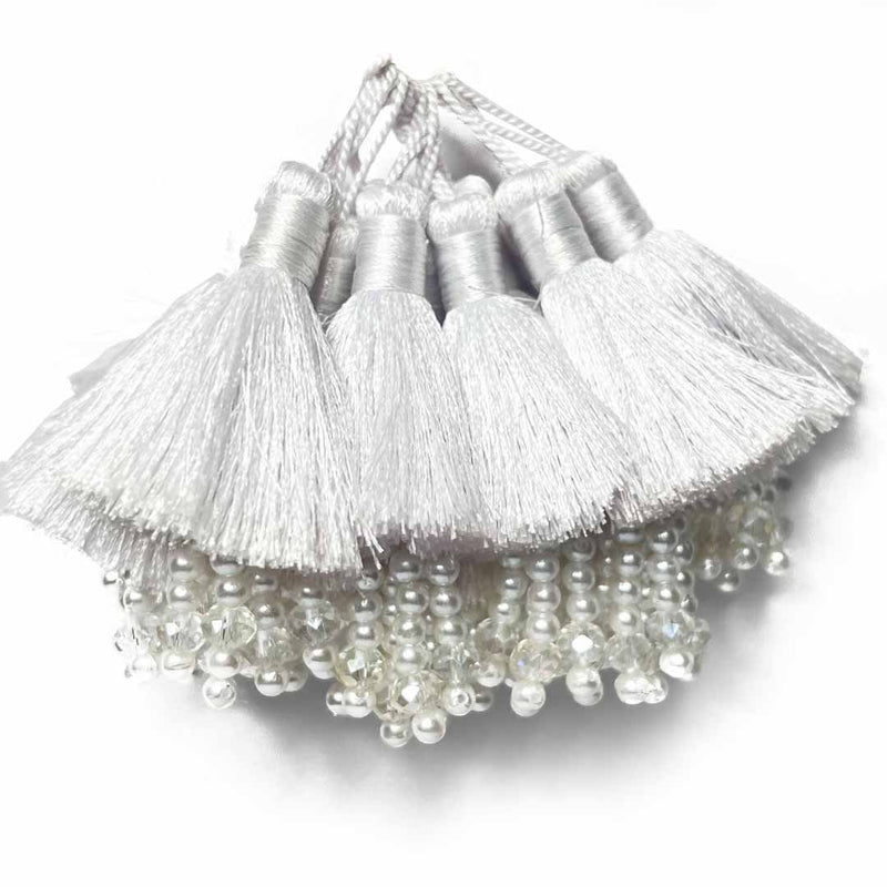 White Color Thread Tassels With Beads Set Of 2