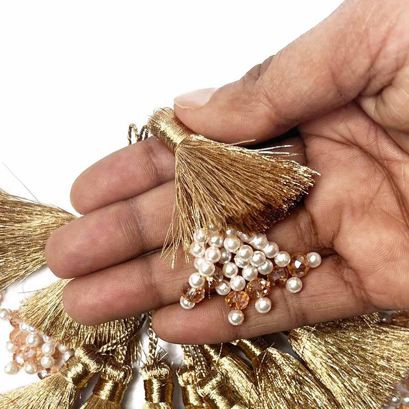Rose Gold Zari Thread Tassels With Beads Set Of 2