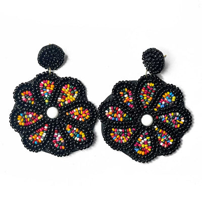 Black & Multi Color Flower Shape Earrings