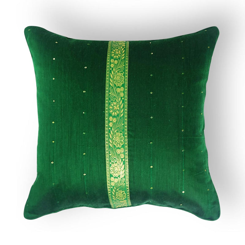 Green Chanderi Model Silk Cushion Cover With Sequence Work & Banarsi Lace Work | Green Chanderi | Model Silk | Cushion Cover | Sequence work | Banarsi lace work | Cushion Covers | Covers | Cushion lovers | Art Craft | Adikala Craft Store | Adikala