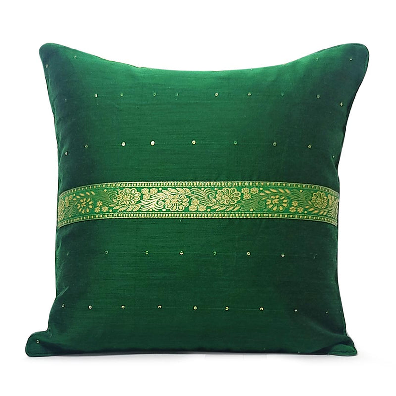 Green Chanderi Model Silk Cushion Cover With Sequence Work & Banarsi Lace Work | Green Chanderi | Model Silk | Cushion Cover | Sequence work | Banarsi lace work | Cushion Covers | Covers | Cushion lovers | Art Craft | Adikala Craft Store | Adikala