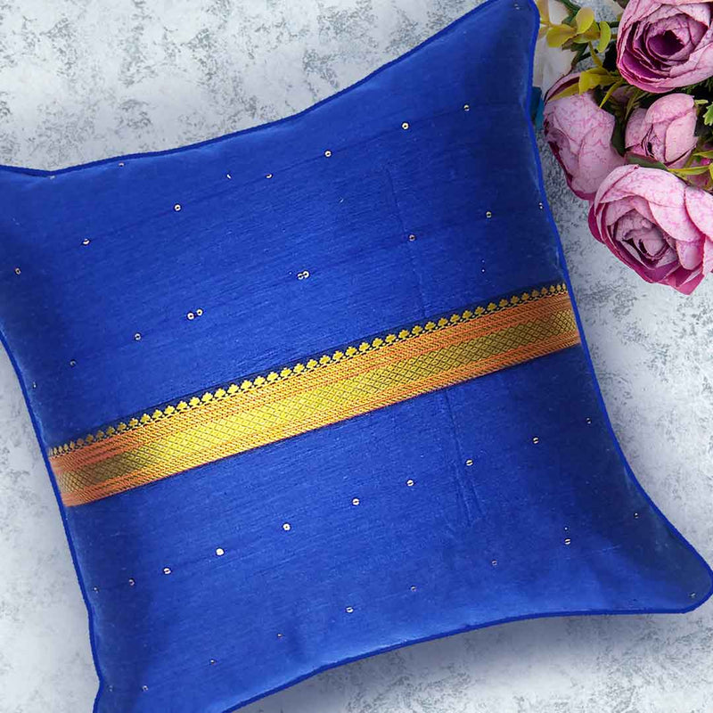 Blue Chanderi Model Silk Cushion Cover With Sequence Work & Banarsi Lace Work |  Blue Chanderi Model Silk Cushion Cover | Blue Chanderi |  Cushion Cover |  Banarsi Lace Work | Cushion Cover | Covers  | Art Craft  | Adikala Craft Store 