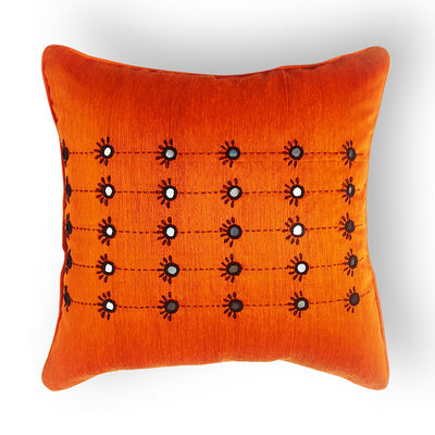 Orange Mirror and Thread Embroidered Cushion Cover | Orange Mirror | Thread Embroidered Cushion Cover Media 1 of 6 | Cushion Cover | Cover | Art Craft | Craft Store online | Cushion online | Cover Online | Orange Cover | Adikala