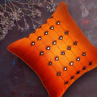 Orange Mirror and Thread Embroidered Cushion Cover |  Orange Mirror |  Thread Embroidered Cushion Cover Media 1 of 6 |   Cushion Cover | Cover | Art Craft | Craft Store online | Cushion online | Cover Online | Orange Cover | Adikala