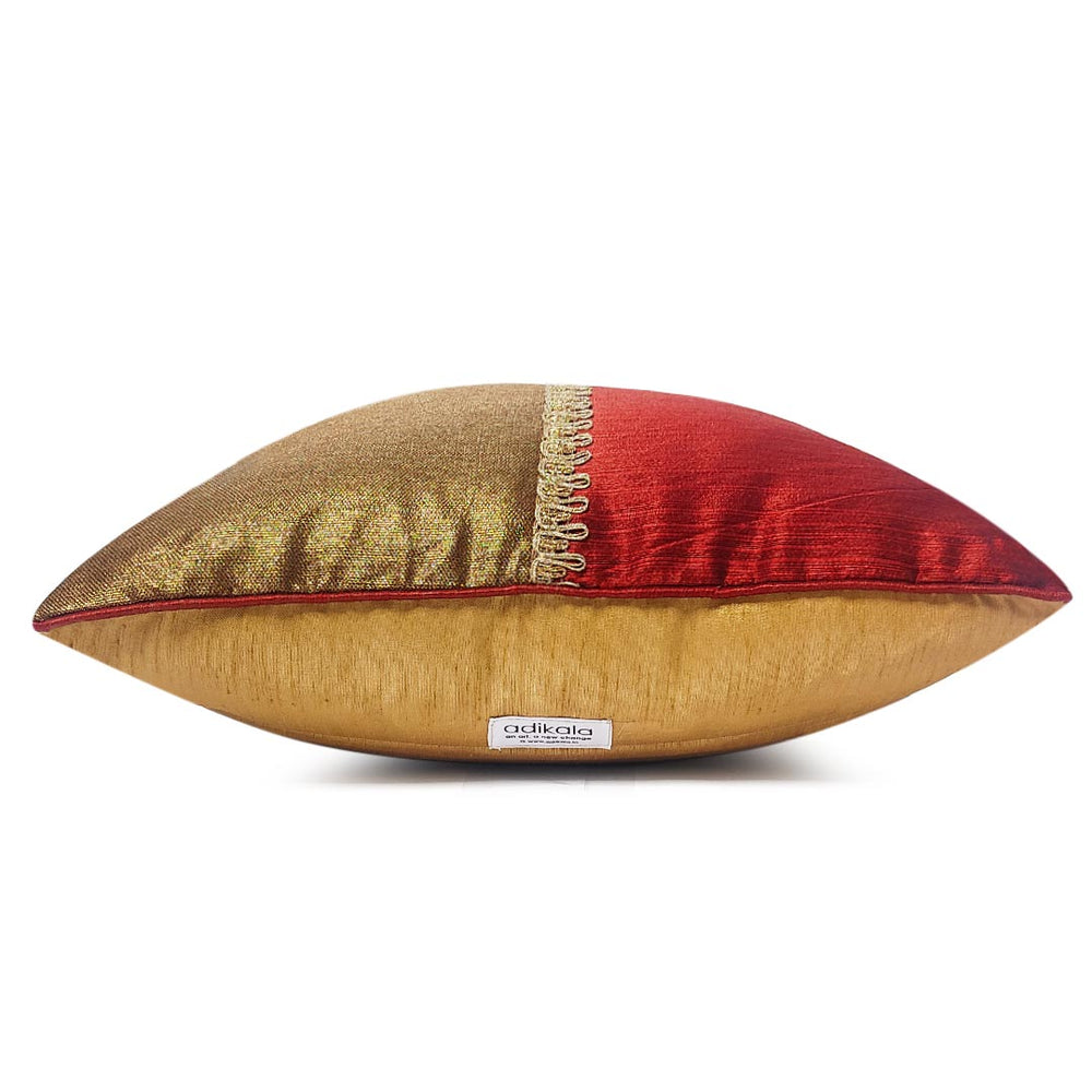 Half Maroon & Half Golden Silk Cushion Cover Beautifully Designed With Lace Work | Maroon | half Maroon | covers | cover | Cushion cover | Beautifully Designed | Lace Work | Lace Silk | Work | Art Craft | craft Store online | Adikala Craft Store | maroom and golden cover