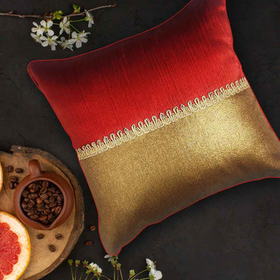 Half Maroon & Half Golden Silk Cushion Cover Beautifully Designed With Lace Work | Maroon | half Maroon | covers | cover | Cushion cover | Beautifully  Designed | Lace Work | Lace Silk | Work | Art Craft | craft Store online | Adikala Craft Store  | maroom and golden cover