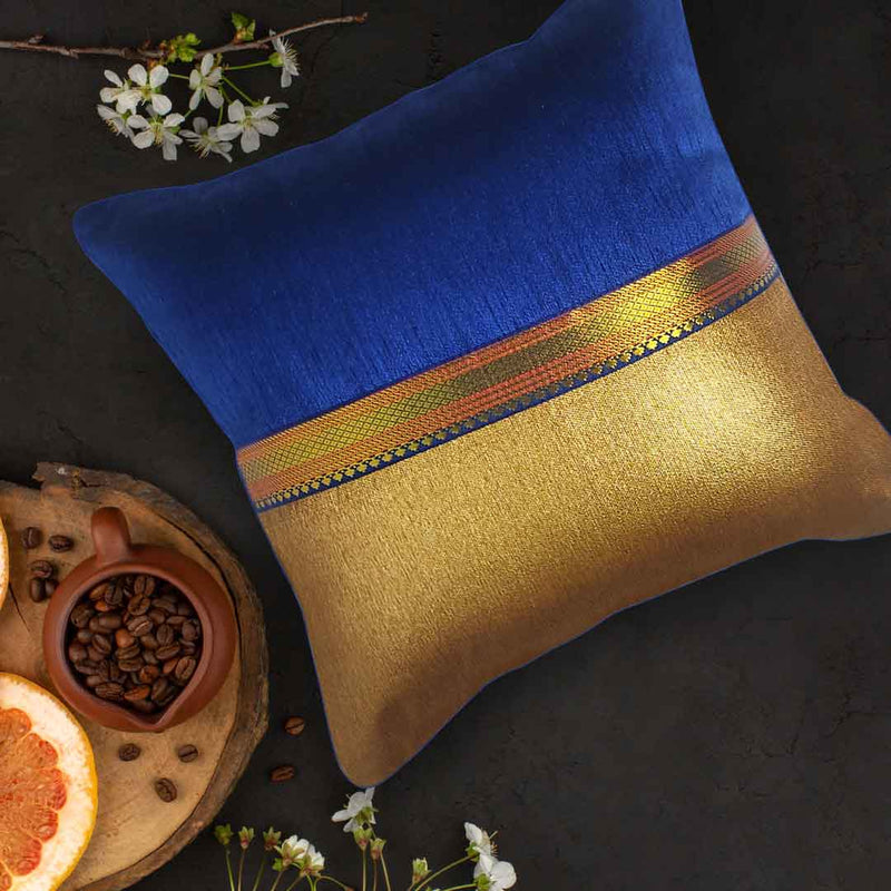 Half Golden & Half Blue Silk Cushion Cover Beautifully Designed With Lace Work |  Half Blue Silk Cushion Cover |  Beautifully Designed With Lace Work |  Cushion Cover |  covers  | Art | craft Store  | Adikala craft store