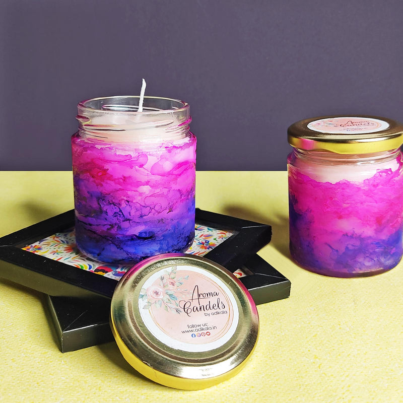 Pink and Blue Aroma Candle - Fluid Art Painted Candle Jar | Pink and Blue Aroma Candle | Adikala Craft Store | Art Craft | Decoration | Home Decoration | Festivals  