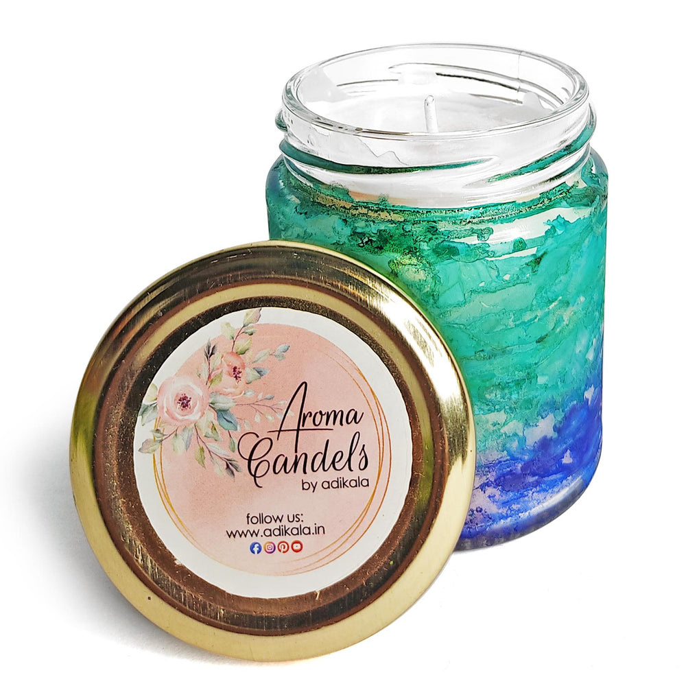 Blue and Green Aroma Candle - Fluid Art Painted Candle Jar | Green Aroma Candle | Blue Aroma candles | Fluid Art Painted Candle Jar | Home decoration | Decoration | Aroma Candles | Fluid Candles | Adikala Craft Store | Adikala