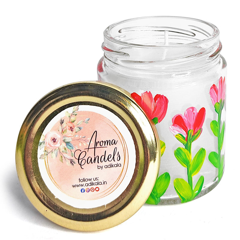 Hand-painted Pink & White Tulip Flowers On Glass Jar Aroma Candle | Hand-painted Pink | White Tulip Flowers | Glass Jar Aroma Candle | Adikala Craft Store | Art Craft | Candles