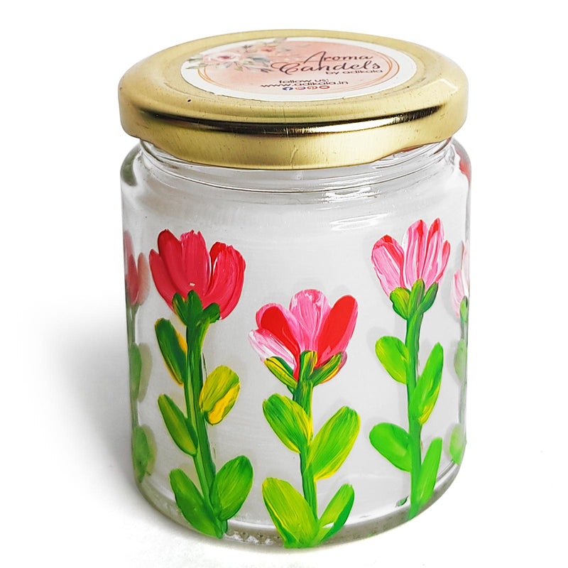 Hand-painted Pink & White Tulip Flowers On Glass Jar Aroma Candle | Hand-painted Pink | White Tulip Flowers | Glass Jar Aroma Candle | Adikala Craft Store | Art Craft | Candles