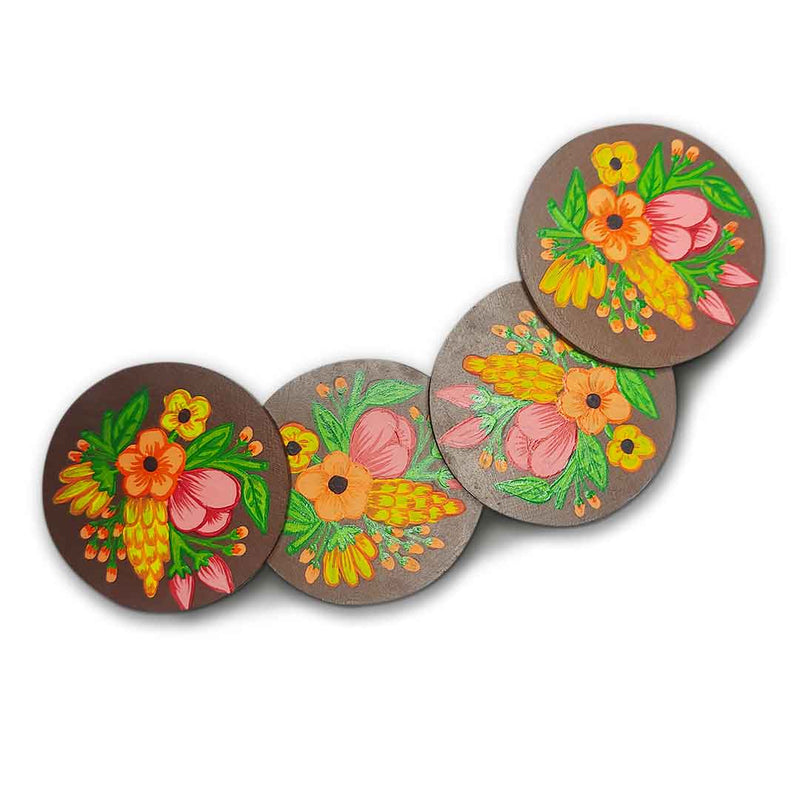 Floral Designed Set Of 4 Hand Painted Coasters