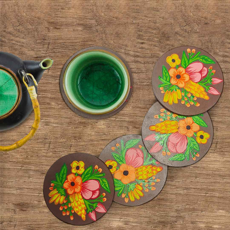 Floral Designed Set Of 4 Hand Painted Coasters