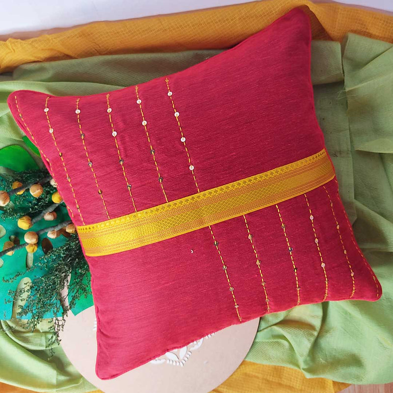 Kantha Work With Zari Border Red Cushion Cover |  Kantha Work |   Zari Border Red Cushion Cover | Cushion | Covers | Kantha Work | Art Craft | Craft Store Online | Adikala Craft Store | Adikala 