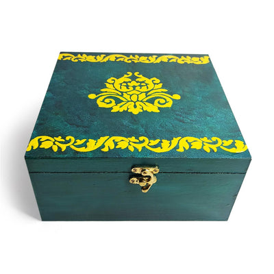 Turquoise Green Velvet Textured With Embossed Design Pinewood Multipurpose Box