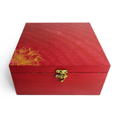 Gold Lotus Flower On Maroon Textured Design Pinewood Multipurpose Box
