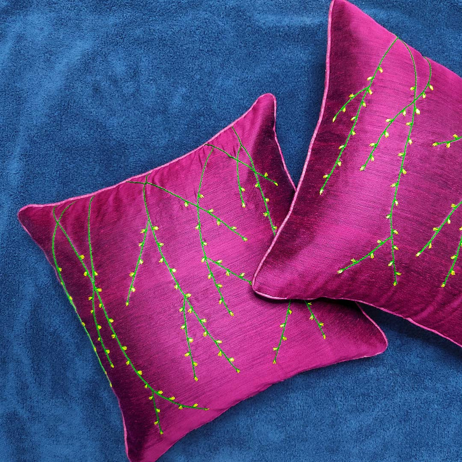 Pink Hand Embroidered Chanderi Model Cushion Cover |  Covers | Cushions |  Hand Made Cover |  Embroidered chanderi model | chanderi | cushions  | adikala | Craft Store india | Online | Sale | Adikala craft Store 