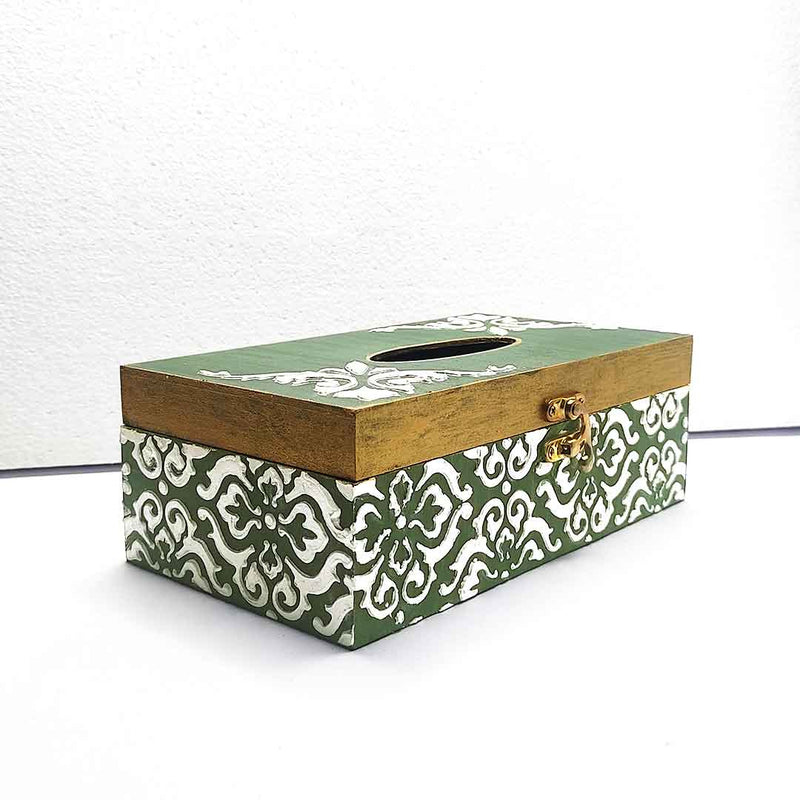 Olive Green & White Embossed Textured Tissue Box